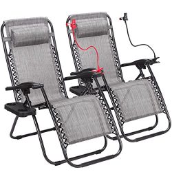 Super Decor Set of 2 Zero Gravity Outdoor Lounge Chairs w/Cup Holder with Mobile Device Slot Adj ...