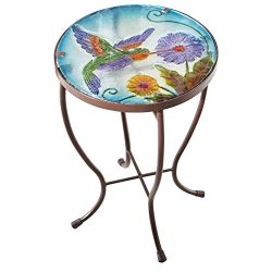 Hummingbird Round Glass Metal Indoor Outdoor Garden Patio Accent Table