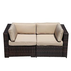 Super Patio 2 Piece Outdoor Furniture All Weather Wicker Corner Sofas Love Seat with Thick Beige ...