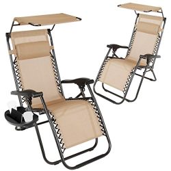 Super Decor Set of 2 Zero Gravity Outdoor Lounge Chairs w/Sunshade + Cup Holder with Mobile Devi ...