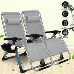 Artist Hand 350LBS Capacity Set of 2 Pack Zero Gravity Outdoor Lounge Chair w/Cup Holder with Mo ...