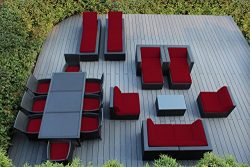 Ohana 20-Piece Outdoor Patio Furniture Sofa, Dining and Chaise Lounge Set, Black Wicker with Red ...