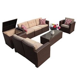 Super Patio Patio Furniture Set, 8 Piece Outdoor Wicker Sectional Sofa with Beige Cushions, Thre ...