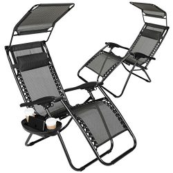 Set of 2 Zero Gravity Outdoor Lounge Chairs w/Sunshade + Cup Holder with Mobile Device Slot Adju ...