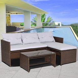 TANGKULA 3-Piece Sofa and Chaise Lounge Set Outdoor Patio Lawn Wicker Furniture Set