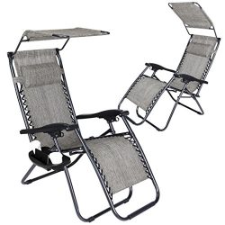 Super Decor Set of 2 Zero Gravity Outdoor Lounge Chairs w/Sunshade + Cup Holder with Mobile Devi ...