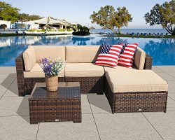 PATIOROMA Outdoor Furniture Sectional Sofa Set (5-Piece Set) All-Weather Brown Wicker with Beige ...