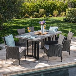 Truda Outdoor 7 Piece Grey Wicker Dining Set with Textured Grey Oak Finish Light Weight Concrete ...