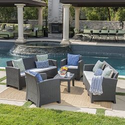 Great Deal Furniture Jacob Outdoor 5 Piece Charcoal Faux Wicker Rattan Style Chat Set with Sofa  ...