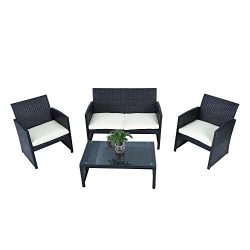 4-Piece Garden PE Rattan Wicker Sofa Set Cushion Outdoor Patio Sofa Couch Furniture, Black