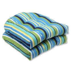 Pillow Perfect Outdoor Topanga Stripe Lagoon Wicker Seat Cushion, Set of 2