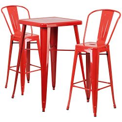 Flash Furniture 23.75” Square Red Metal Indoor-Outdoor Bar Table Set with 2 Stools with Backs