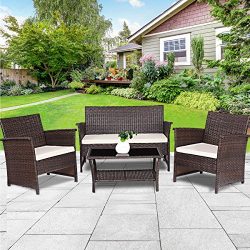 TANGKULA Outdoor Patio Furniture 4 Piece Cushioned Sofa and Coffee Table Set Tea Table with 2 Sh ...