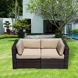 PATIOROMA Patio Loveaseat (2 Corner Sofa Chairs), All Weather Brown PE Wicker Outdoor Furniture, ...