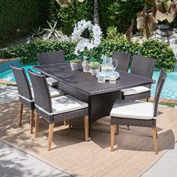 Santa Monica Outdoor Rectangular 7 Piece Multibrown Wicker Dining Set with Beige Water Resistant ...