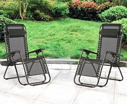 Zero Gravity Chairs Case Of 2 Black Lounge Patio Chairs Outdoor Yard Beach with Cup Holder