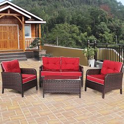 TANGKULA 4 PCS Patio Furniture Outdoor Rattan Wicker Sofa Comfortable Cushioned Seat Garden Lawn ...