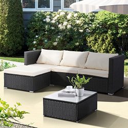 Uenjoy 5PC Outdoor Rattan Wicker Patio Furniture Set Cushioned Sofa & Table Garden Lawn Black