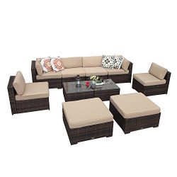 PATIOROMA Outdoor Patio Furniture Set, 10 Piece Sectional Sofa Set with Ottoman, Coffee Glass Ta ...