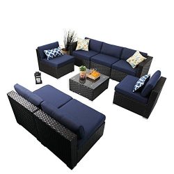 PHI VILLA 8-Piece Outdoor Rattan Sectional Sofa- Patio Wicker Furniture Set, Blue