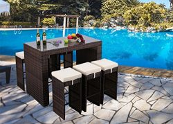 Do4U 7-Piece Outdoor Rattan Wicker Bar Dining Patio Furniture Set w/Glass Table Top, 6 Stools (M ...