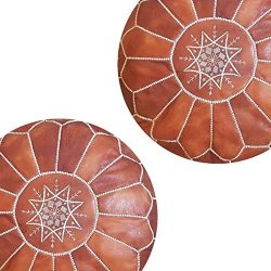 set of 2 Premium Handmade Moroccan leather Light Brown Ottoman Poufs (stitched in white) Genuine ...