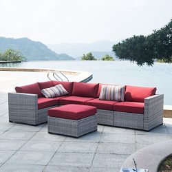 AURO Outdoor Furniture Sectional Sofa Conversation Set (6-Piece Set) All-Weather Gray Wicker Sea ...