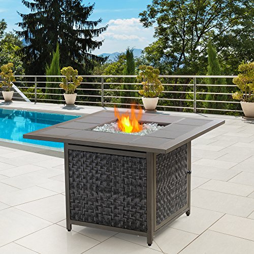 Nuu Garden Outdoor 37” Patio Square LP Gas Rattan Wicker Tile top Fire ...