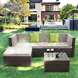 IKAYAA Outdoor Patio Furniture Set, 5 Piece Wicker Rattan Sectional Sofa Set with Soft Cushions, ...