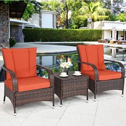 TANGKULA 3 Piece Patio Furniture Set Wicker Rattan Outdoor Patio Conversation Set with 2 Cushion ...