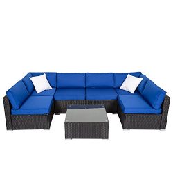 Peach Tree 7 PCs Garden Furniture PE Rattan Wicker Sofa Sectional Furniture Cushioned Deck Couch ...