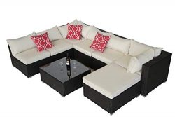 Do4U Patio Sofa 8-Piece Set Outdoor Furniture Sectional All-Weather Wicker Rattan Sofa Beige Sea ...