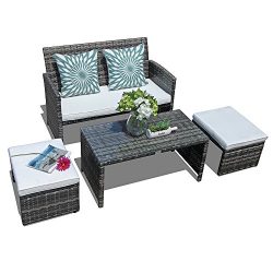 Orange Casual 4 Pieces Outdoor Wicker Loveseat Sofa Furniture Set with Ottoman & Glass Coffe ...