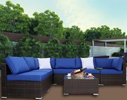 Leaptime Outdoor Furniture Patio Sofa 7pcs Garden Couch Brown Rattan Sofa Set Royal Blue Cushion ...