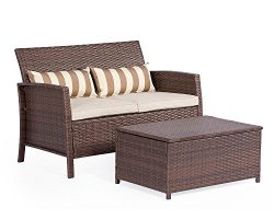 Solaura 2-Piece Outdoor Furniture Brown Wicker Loveseat Light Brown Cushions & Coffee Table  ...