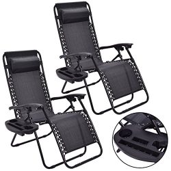 NEW 2PC Zero Gravity Chairs Lounge Patio Folding Recliner Outdoor Black W/Cup Holder