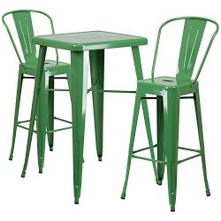 Flash Furniture 23.75” Square Green Metal Indoor-Outdoor Bar Table Set with 2 Stools with  ...