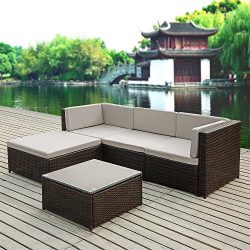 iKayaa 5PCS Rattan Wicker Patio Sofa Set Garden Furniture W/ Cushions Outdoor Corner Sectional C ...