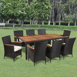 Festnight 9 Piece Outdoor Garden Dining Set Poly Rattan Acacia Table Top