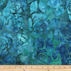 Robert Kaufman Gazebo Batik Flowers Roses Fabric, Teal, Fabric By The Yard