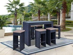 Kailua Furniture RAVA (7 Piece Set) Modern Outdoor All-Weather Wicker Bar Table with Glass Top & ...