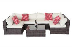 Do4U Patio Sofa 7-Piece Set Outdoor Furniture Sectional All-Weather Wicker Rattan Sofa Beige Sea ...