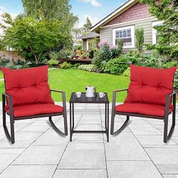 Tangkula 3 PCS Patio Rocking Wicker Bistro Set Outdoor Rattan Wicker Furniture Set Garden Rockin ...