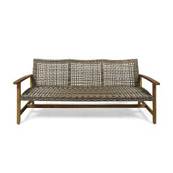 Great Deal Furniture Marcia Outdoor Wood and Wicker Sofa, Natural Finish with Gray Wicker