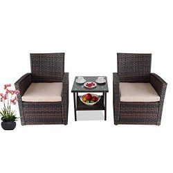 LEAPTIME Patio Bistro Set Outside Rattan Sofa Conversation Furniture Deck Seating 2 pcs Chairs 1 ...