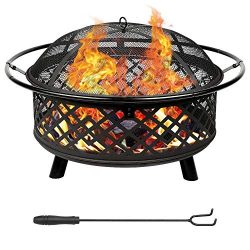 Teancll Fire Pit Kit 36″ Portable Outdoor Fireplace Backyard Patio Fire Bowl Spark Screen, ...