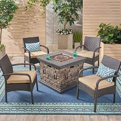 Great Deal Furniture Meroy Patio Fire Pit Set, 4-Seater with Club Chairs, Wicker with Outdoor Cu ...