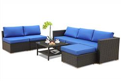 Leaptime Patio Furniture Garden Rattan Sofa 7-Piece PE Rattan Royal Blue Cushion Outdoor Couch O ...