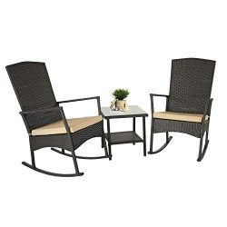 Rattaner Wicker Rocking Chair Set 3 Piece Outdoor Patio Dark Brown Rattan Bistro Set Furniture w ...