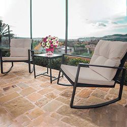 3 Pieces Patio Set Outdoor Rocking Chair Bistro Set Rattan Conversation Sets Wicker Furniture wi ...